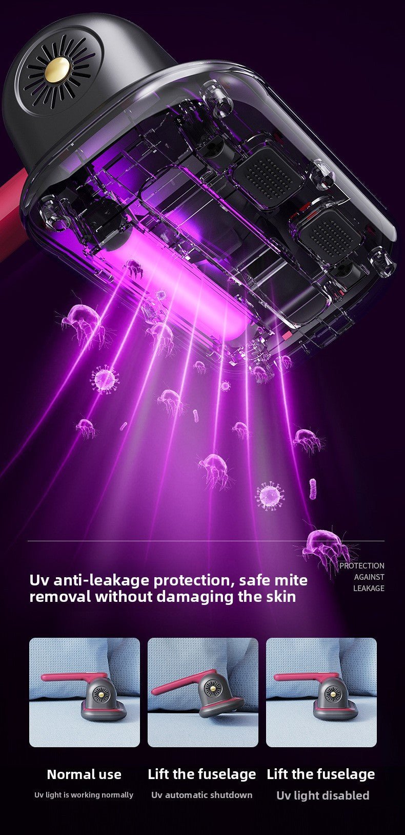 Home UV Sanitizing Vacuum: Cordless Bed Mattress Cleaner with Dual Vibration & Strong Suction - ziktop